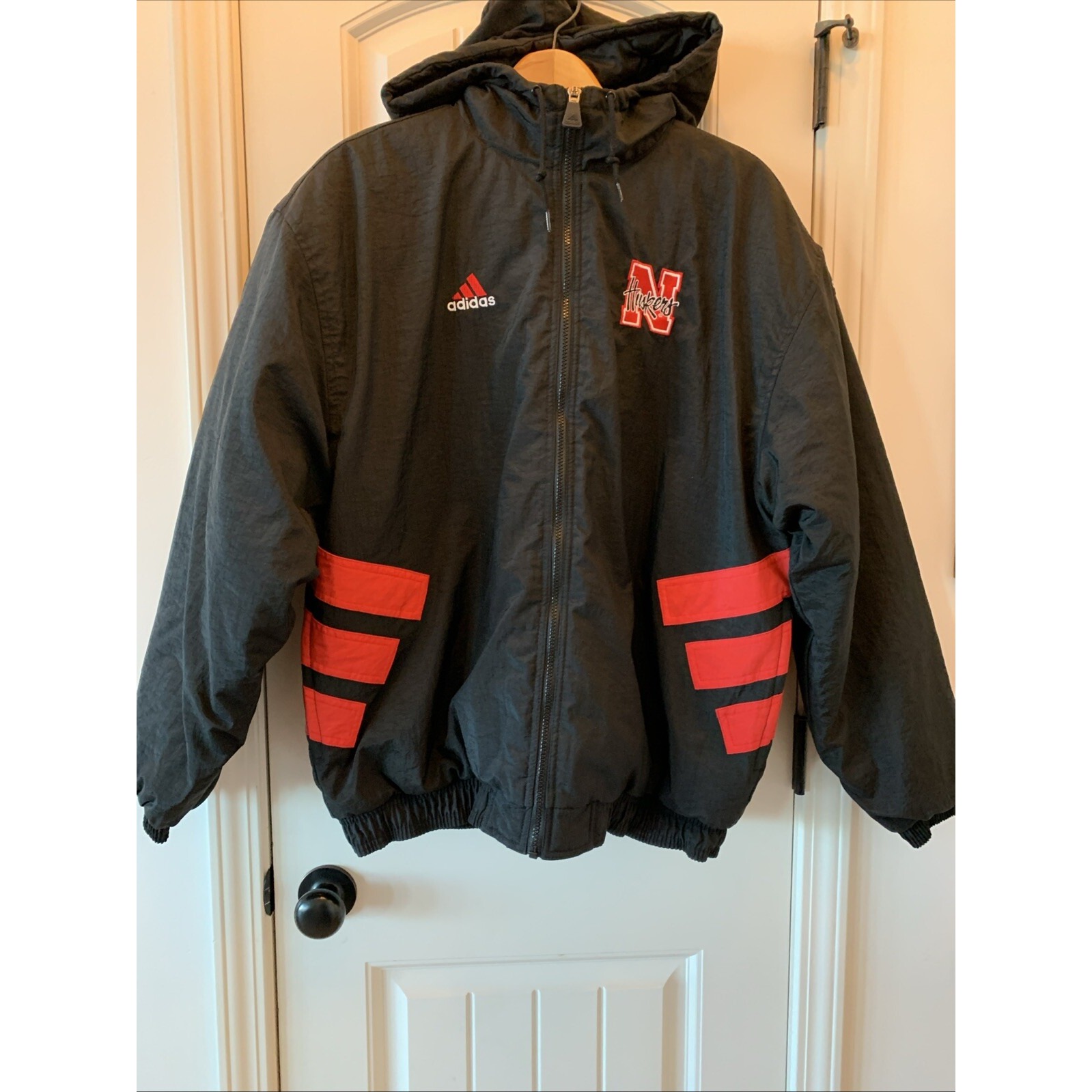 Adidas Black And Red Nebraska Cornhuskers Football Coat Size Large With Hood